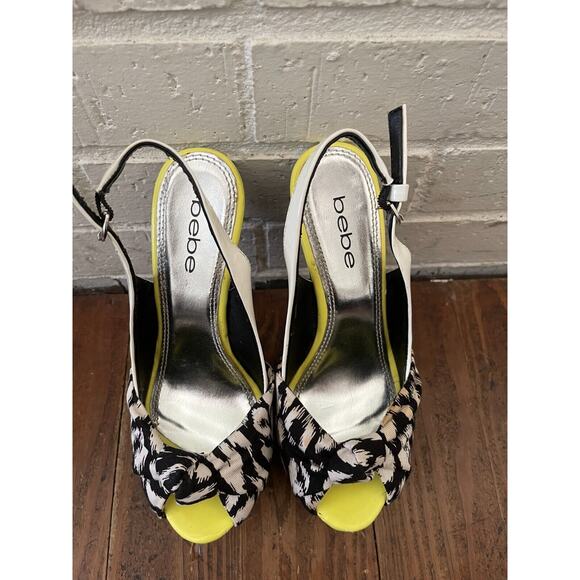Bebe Roxanne Black/White/Neon Yellow Peep Toe Slingback 5" Platform Heel Size 5 - Picture 3 of 11